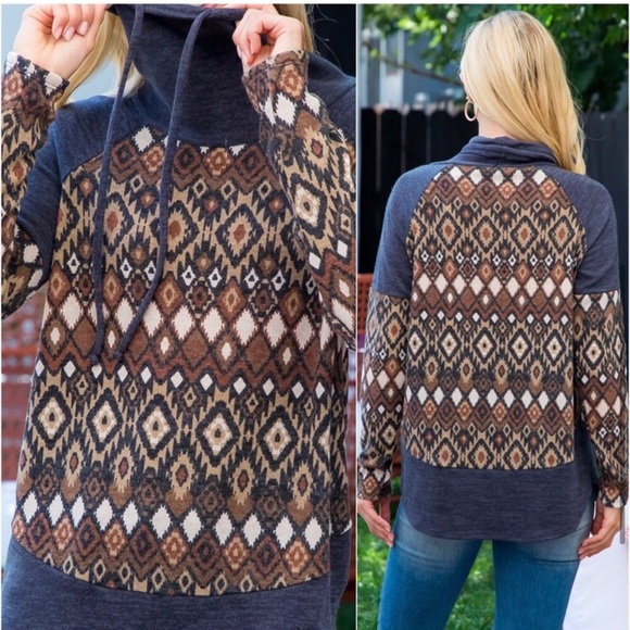 Women’s fall comfy turtleneck cute trendy long sleeve Aztec pullover top - Picture 3 of 3